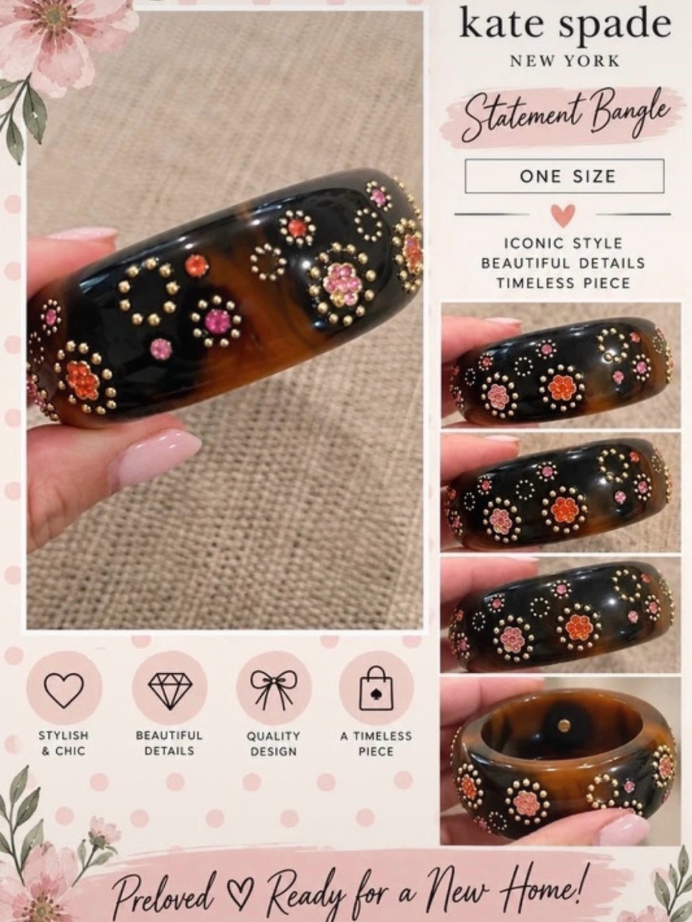 kate spade Black and Tortoiseshell Floral Embellished Statement Bangle